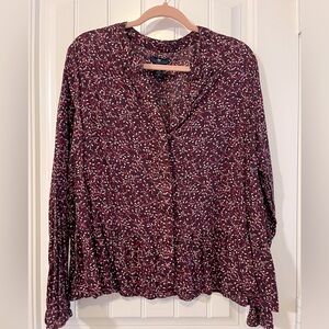 Women Gap long sleeve button down peplum waist top XXL  Burgundy small floral